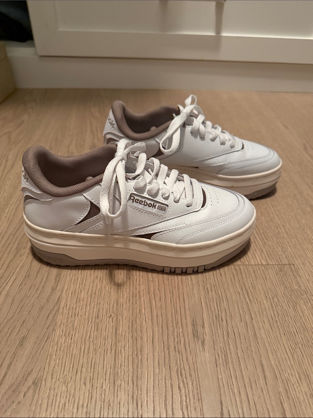Reebok Women White & Taupe Leather Platform Sneakers. Worn only once.